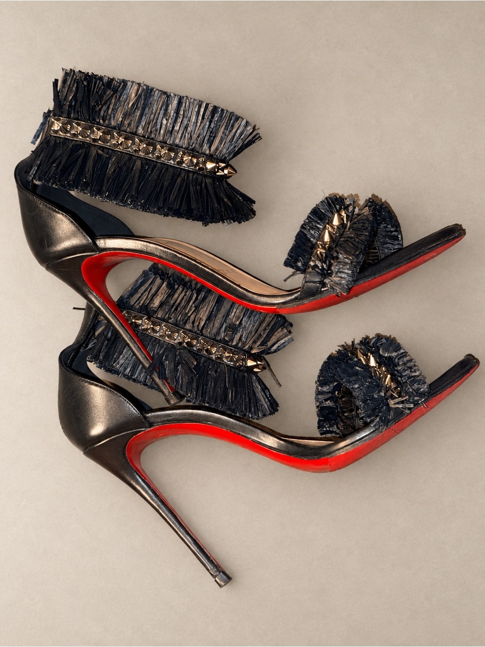 Christian Louboutin Poupedou 100 black raffia and leather stiletto sandals